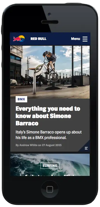 Story telling is age old, and there's no exeption when it comes to app design. This is a screen shot of the redbull story from their app.